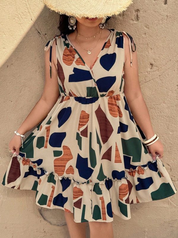 Plus Size Color Block Print Dress With Drawstring Shoulders Western Graphic Off The Shoulder Ruffle Teacher Outfits For Women Spring  Summer Clothes Rave Outfits Boho Chic Cottagecore Tropical Vacation Woman Clothes Beach Outfits For Woman Cute Old Money Tropical Vacation Woman Clothes European Summer Bohemian Rave Outfit Textured Pattern