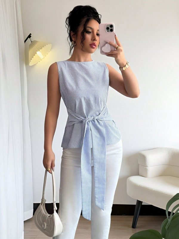 Women's Round Neck Sleeveless Fashionable Striped Front Tie Shirt