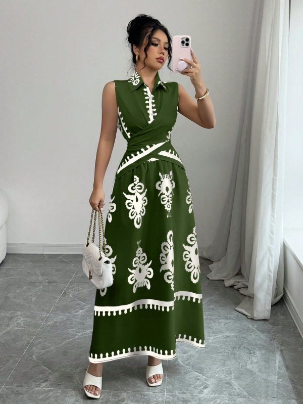 2pcs Women Floral Print Elegant Criss-Cross Sleeveless Blouse And Mini Skirt Set, Holiday Style