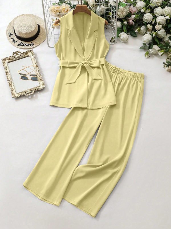 Women's Solid Color Lapel Sleeveless Blazer And Pants Suit, Office/Casual 2 Pieces Set