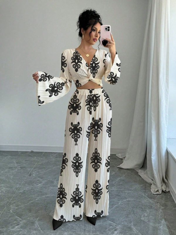 2pcs Women's Casual Long Sleeve Shirt And Pants Set, Minimalist Fashion, Summer