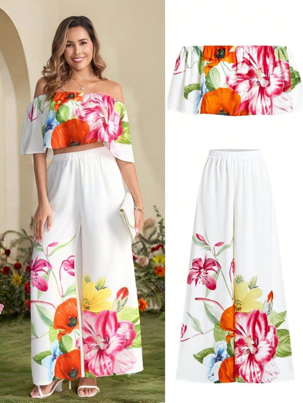 2pcs Women's Elegant Off-Shoulder Floral Print & Pants Set, Resort Two Pieces Outfit Women Vacation Outfits Woman Derby  Summer Country Vacation Two Pieces Clothing Boho Women's Clothing