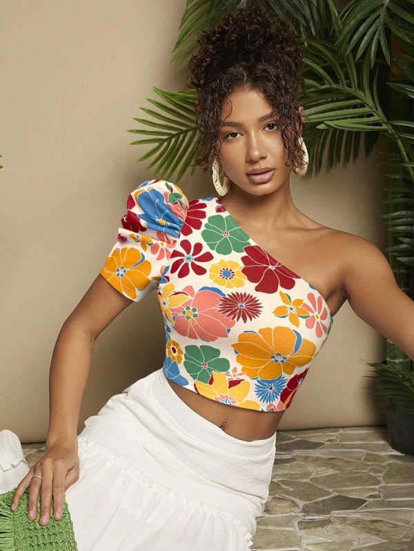 Vacation Print Asymmetric Gigot Sleeve Knit Floral Women Top,Graphic Print Summer Outfits For Women,Vacation Outfits Woman,Boho Chic,Beach Outfits For Woman,Casual Woman Flowy Top
