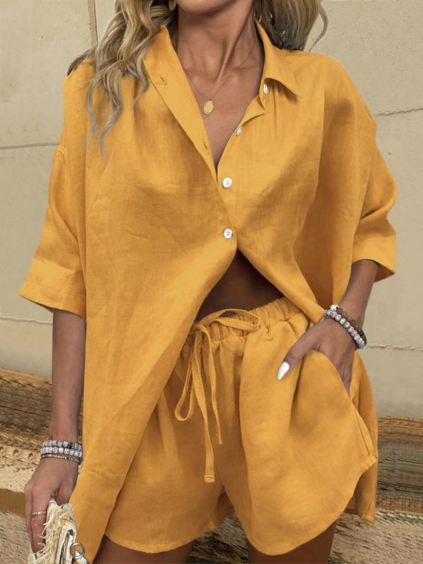2pcs Women Casual Set: Plain Drop Shoulder Single-Breasted Shirt And Shorts