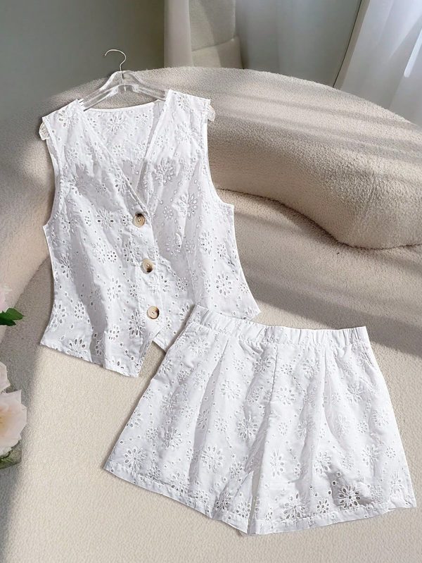 Plus Size Summer Outfits For Women Easter Vacation Outfits Women Beach Outfits For Woman 2 Pieces Sets Woman Business Casual Woman Office Outfits For Women White Suit Holiday Casual Solid Color Hollow Out Embroidered Tank Top And Shorts 2 Pieces Set