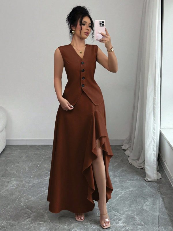 2Pcs Gray Sleeveless A-Line Elegant Simple And Generous Women Set