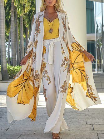 Women Floral Spring/Fall Vacation Polyester Cross Neck Loose Mid Waist Long Sleeve Vacation Kimonos