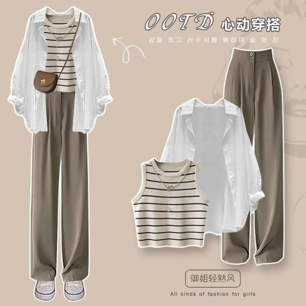 Spring and Autumn Set Women's 2024 New Large Women's Casual Shirt Knitted Tank Top High Waist Wide Leg Pants Three Piece Set - Three piece set / XXXL(80-90KG)
