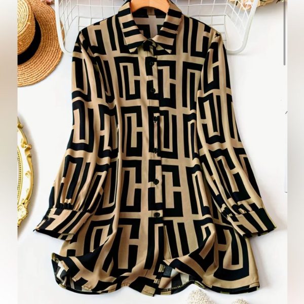 Boutique Tops | 579. Elegant Geo Print Blouse - Long Sleeve, Loose Fit, Single Breasted, Perfect | Color: Brown/White | Size: Various