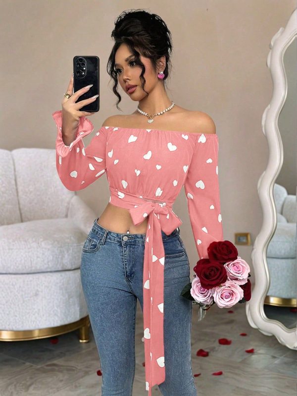 Valentine's Day Women Heart Print Off Shoulder Bow Tie Blouse, Long Sleeve Spring/Summer Ladies Shirt