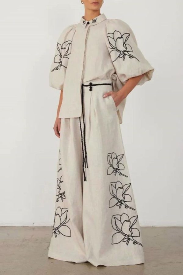 Casual Vintage Print Frenulum Turndown Collar Half Sleeve Two Pieces