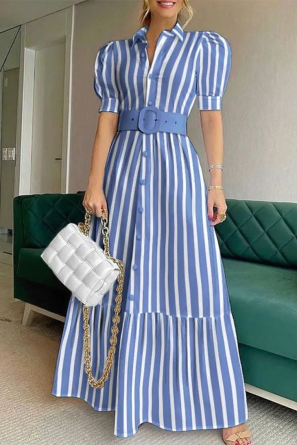 Fashion Elegant Striped Solid Buckle With Belt Shirt Collar A Line Dress