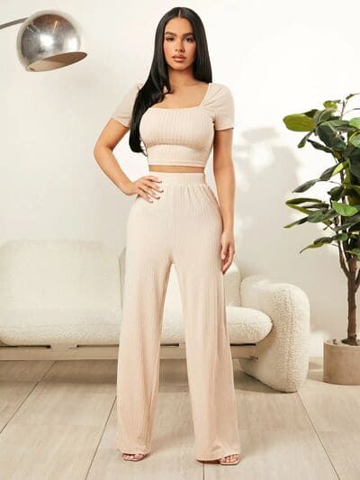 Square Neck Top and Pants Set - Sand / S