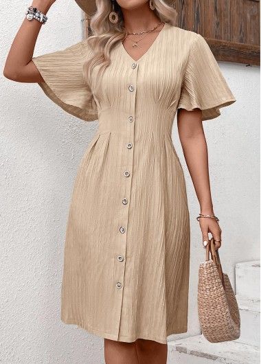 ROTITA Textured Fabric Light Camel V Neck Short Sleeve Dress