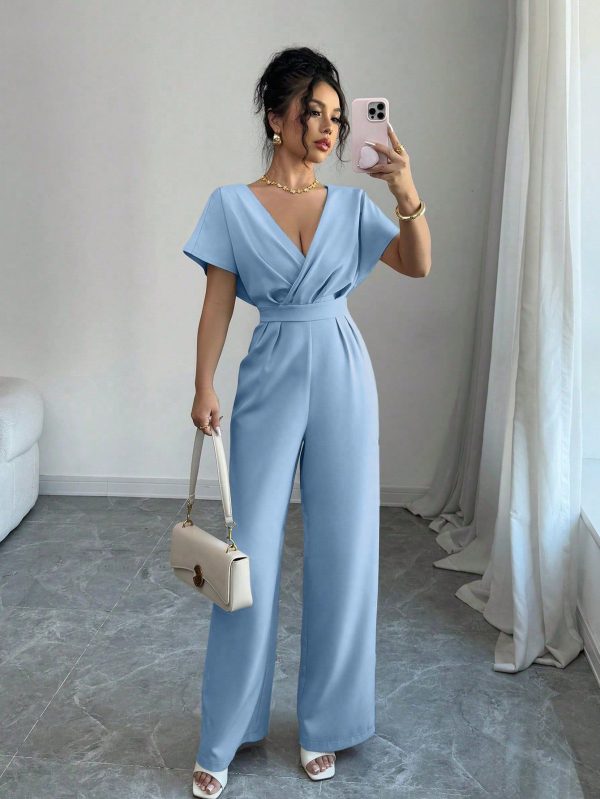 Women's Pleated Waist Casual Jumpsuit, Minimalist Design, Suitable For Summer