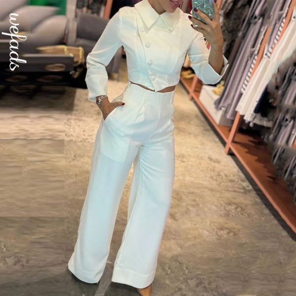 Wefads 2 Piece Set Women Casual Long Sleeve Lapel Irregular Button Design High Waist Top Loose