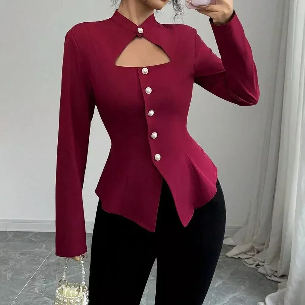 Burgundy Elegant Women's Chic Hollow Out Front Stand Collar Asymmetrical Blouse | Color: Red | Size: Various