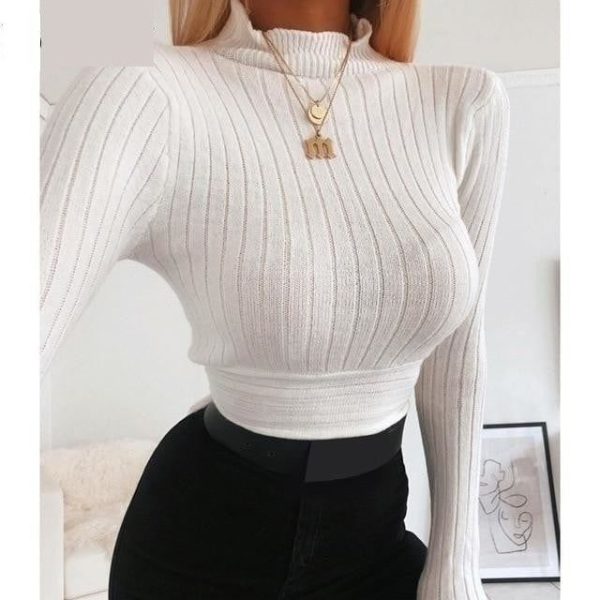 Women's Autumn Casual Sexy Turtleneck Long Sleeve White Short Tops