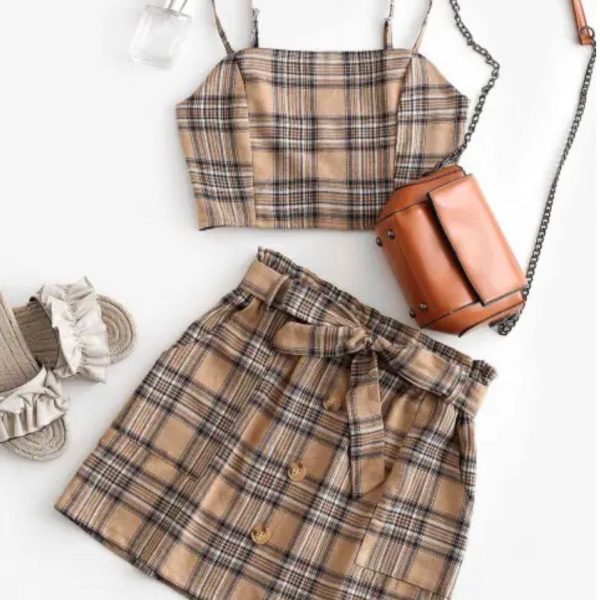 Plaid 2 Piece Suit | Color: Tan | Size: M