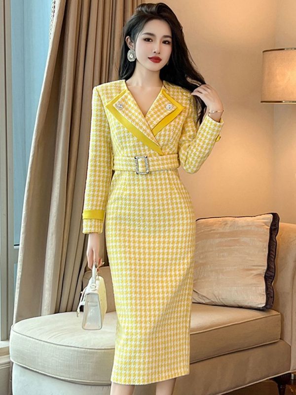 Women's Elegant Style Professional Dress Celebrity Yellow Sequins Turn-down Collar Belt Slim Robe