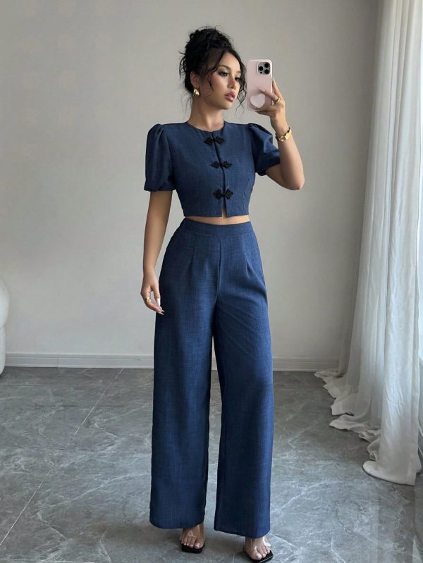 Women Elegant Blue Puff Sleeve Denim Effect Two Pieces Set