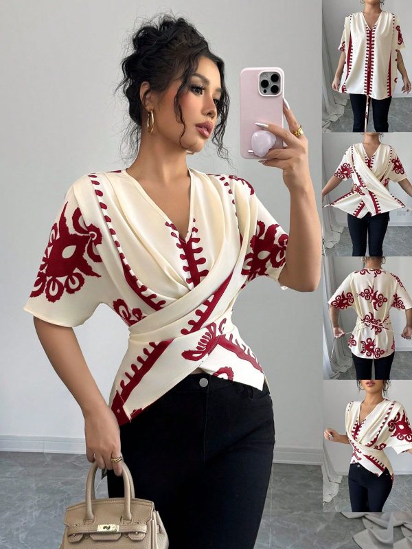 Women's V-Neck Floral Print Cross Design Short Sleeve Stylish Blouse