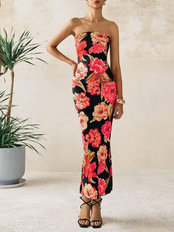 Women's Summer Floral Sheath Sexy Dress Ribbed Strapless Casual Boho Party Dress
