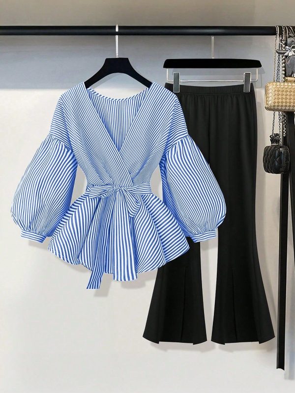 2pcs Plus Size Striped Set, Fashionable For Summer
