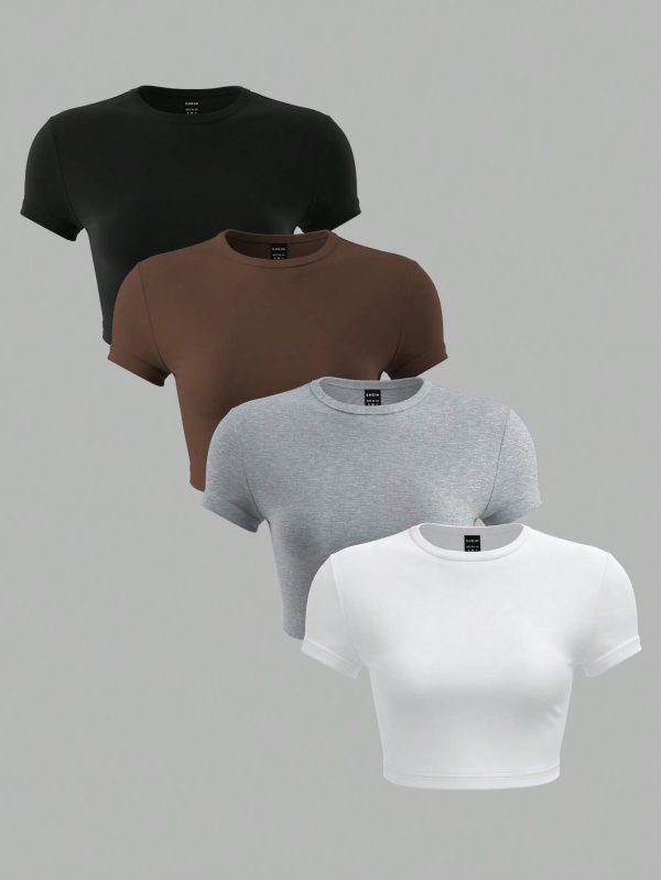 4pcs/Set Casual Solid Color Knitted Round Neck Short Sleeve Slim Cropped Women T-Shirts