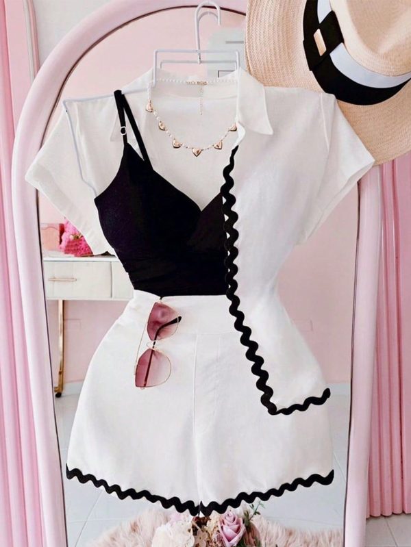 2pcs Women Casual Vacation Floral Print Design Shirt And Shorts Set