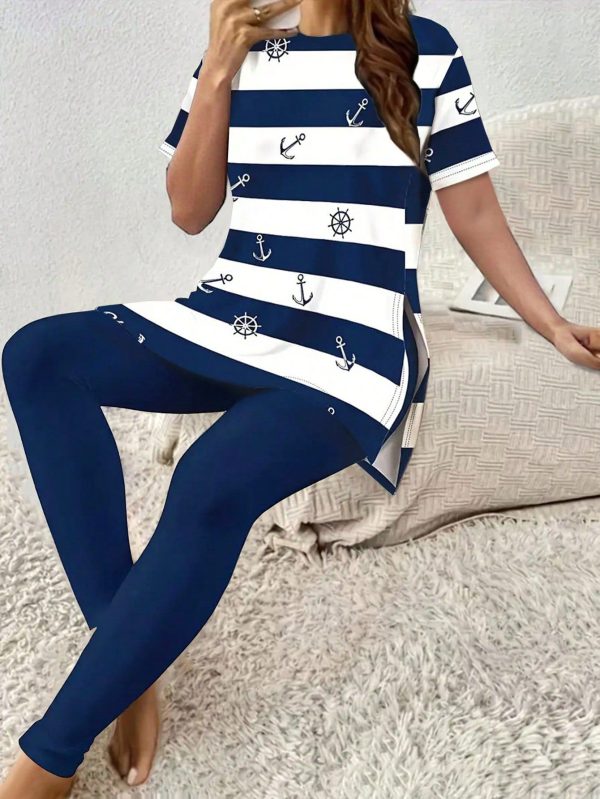 Plus Size Women's 2 Pieces Set Striped Top & Side Slit Pants Outfit - Casual Lounge Set With Breathable Fabric (Sizes 1X-5X)