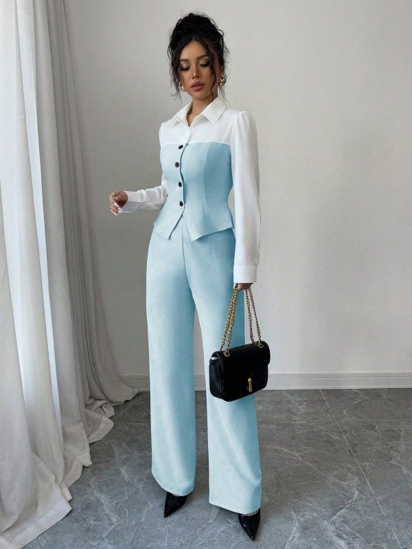 2 Pcs Set Women Casual/Office Elegant Splice Color Block Button Long Sleeve Top