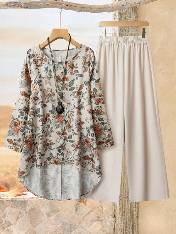 Women's Floral Print Long Sleeve Shirt And Pants 2 Pieces Casual Vacation Set,Summer Sets