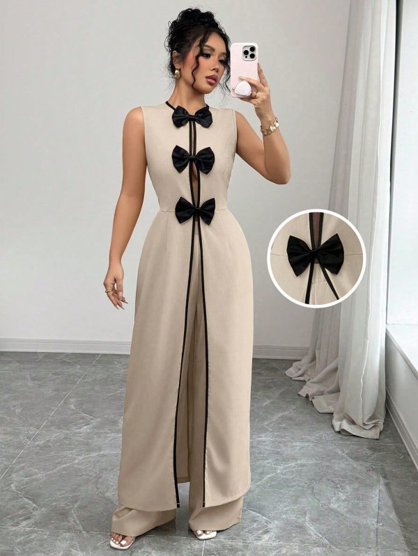 2pcs Set Women Bow Accent Colorblock Sleeveless Top And Wide Leg Pants