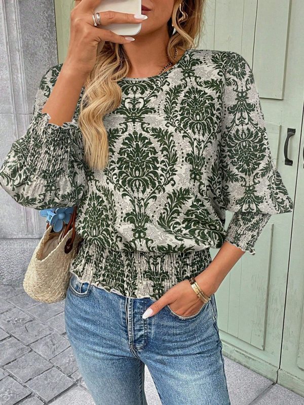 Vintage Print Casual Office Commuting Women Blouse With Round Neck, Ruffle Trim, Puff Sleeve & Lantern Sleeve