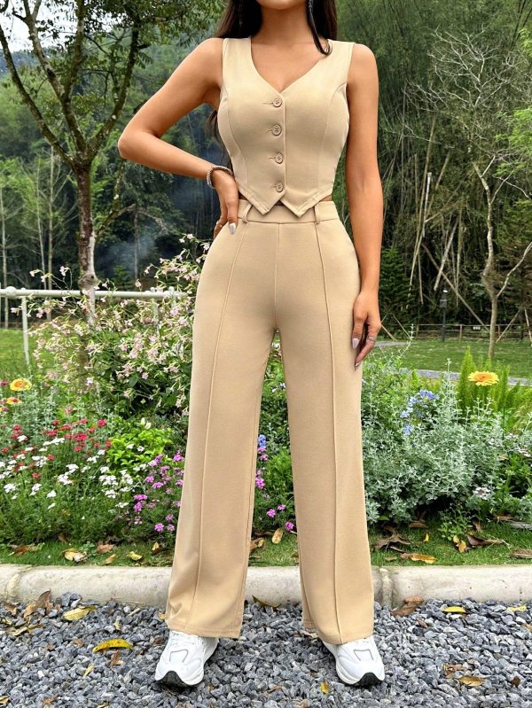 Women's Solid Color Front Button Vest & Straight Pants Two Piece Set