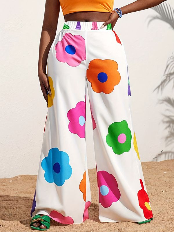 Elasticity Flower Print Split-Joint High Waisted Loose Trousers Pants WHITE-3XL