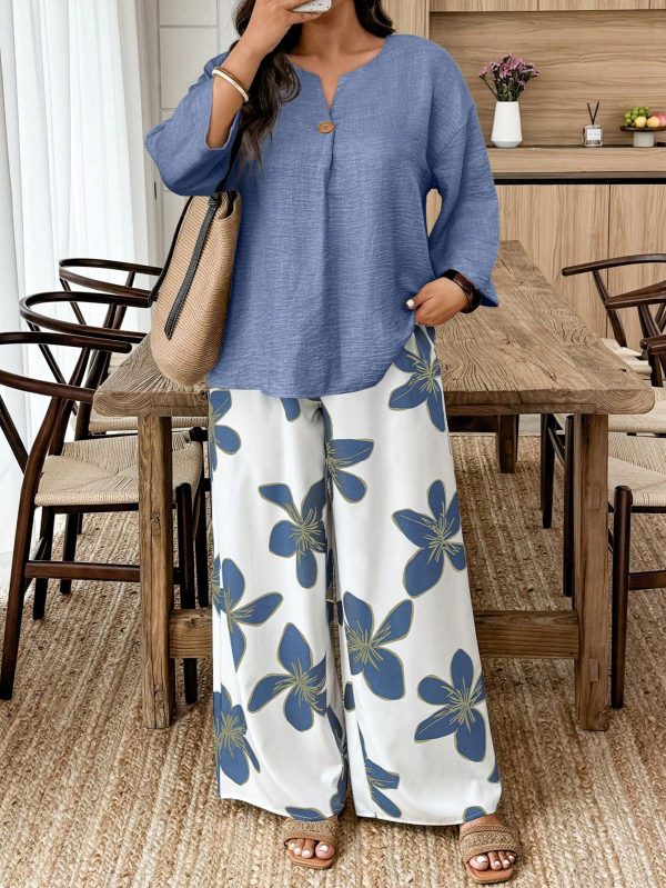 Plus Size 2pcs/Set Casual Solid Long Sleeve Shirt & Floral Print Long Pants Set