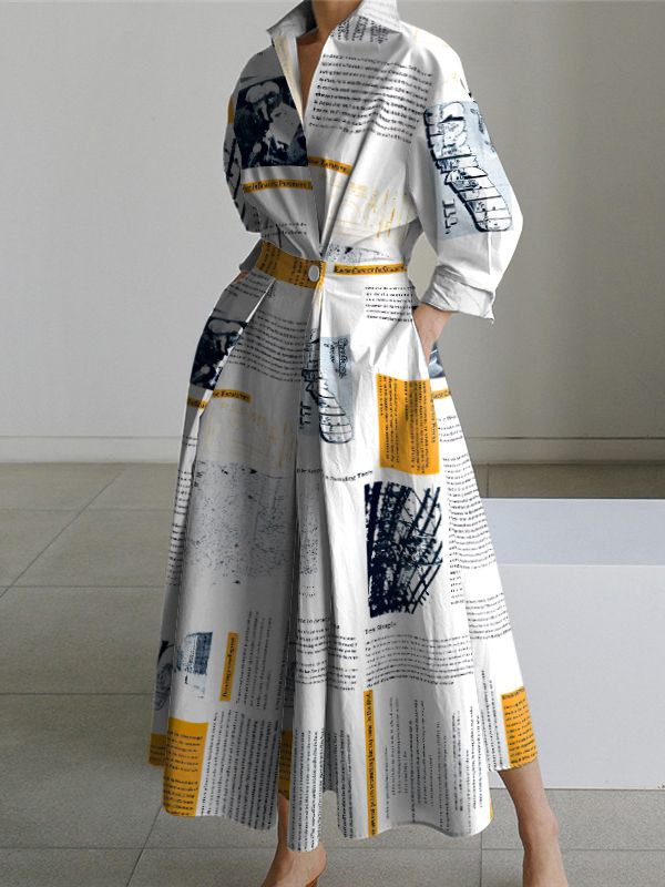 Long Sleeves Loose Newspaper Print Pleated Tied Waist Lapel Midi Dresses Shirt Dress YELLOW-2XL