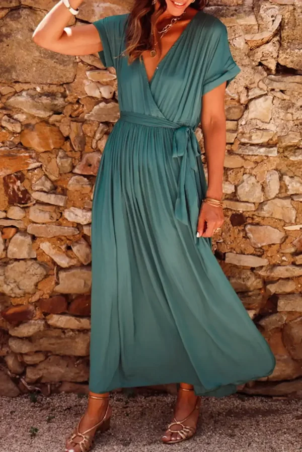 Elegant Blackish Green V Neck Maxi Dress Perfect For Summer Vacations And Stylish Casual Outings