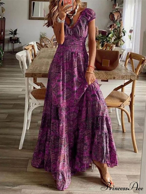 Bohemian Waisted Stylish Floral Print Dress - Purple S