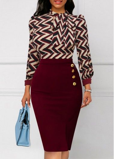 Wine Red Button Striped Bodycon Dress