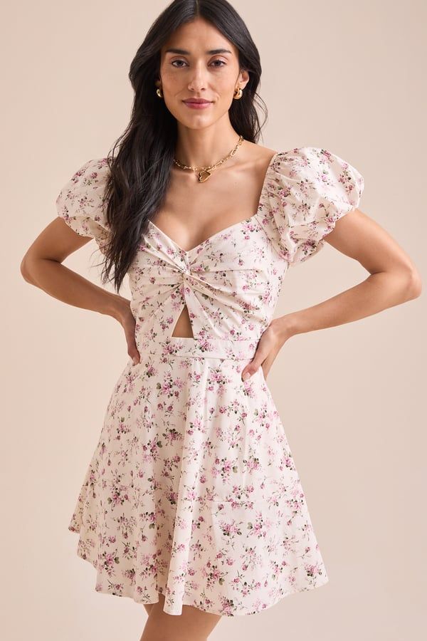 Alisa Floral Mini Dress in Ivory & Pink
