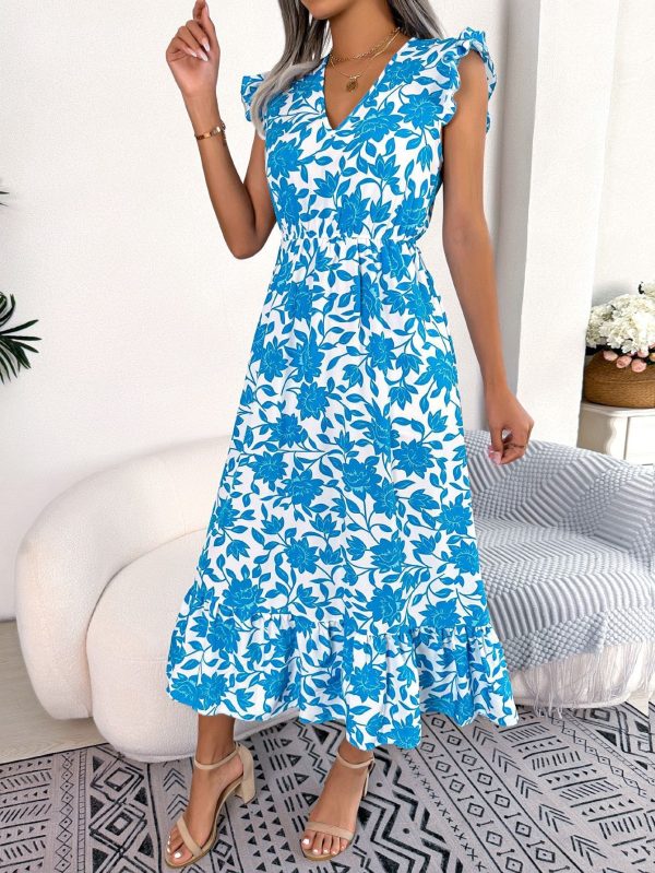 Spring Summer Casual Wooden Ear Floral Waist Slimming Maxi Dress Holiday Dress Women Clothing - L / Navy Blue