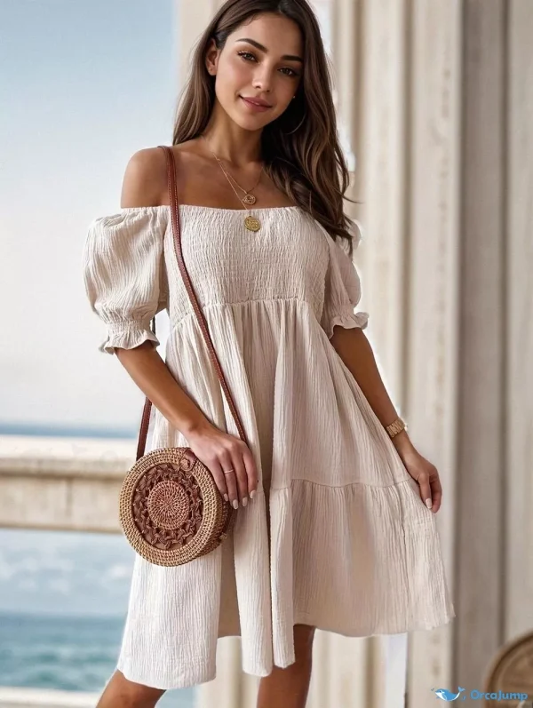 Orcajump - Off Shoulder Smocked Dress, Solid Vacation Casual Dress For Summer & Spring, Women's Clothing - Apricot, L(8-10)
