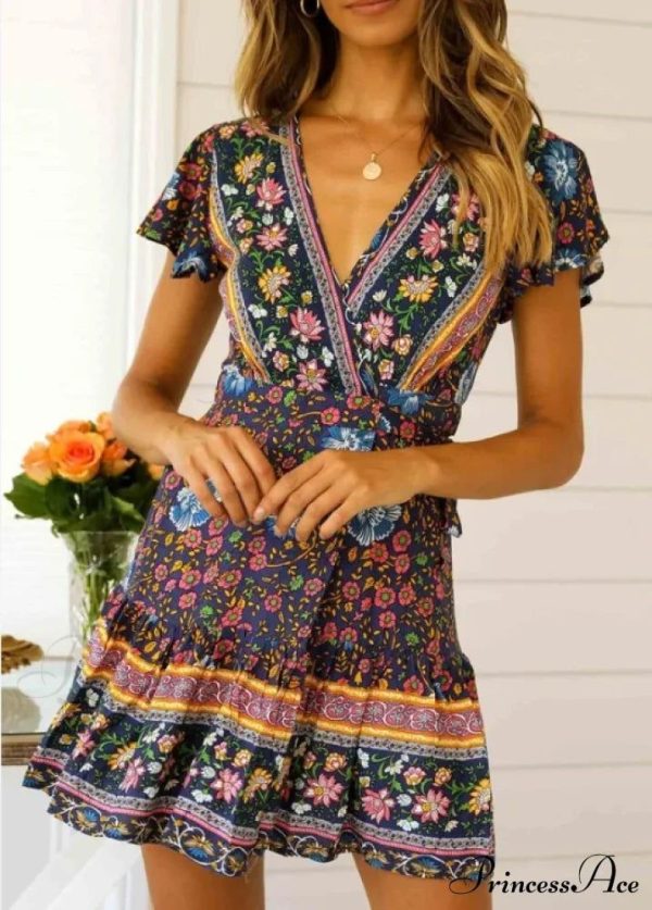 Summer Boho Floral Print Mini Wrap Beach Boho Dress - Navy Blue L