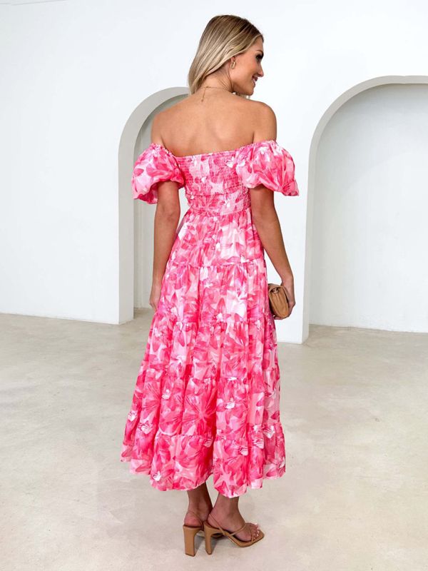 New Women's Fashionable French Boat Collar Printed Dress