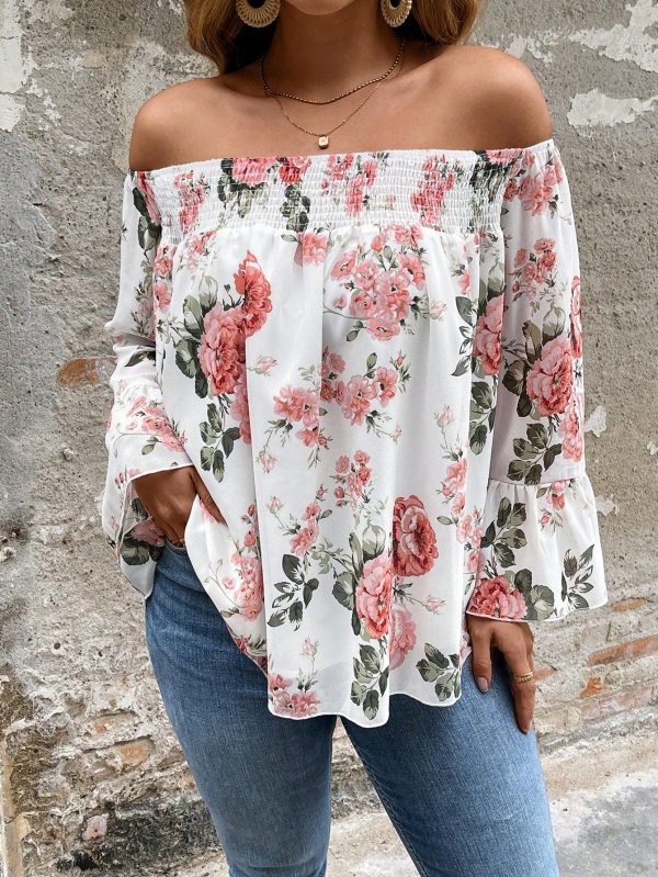 Plus Size Women's Casual Holiday Bohemian Style Floral Print Chiffon Cold Shoulder Blouse, Spring/Summer