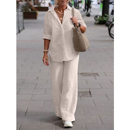 Women's Simple Casual Comfort Shirt Cotton Linen Sets Long Sleeve Long Pant Lapel Pure Color Buttons Home Street Daily Black Pink Blue Summer