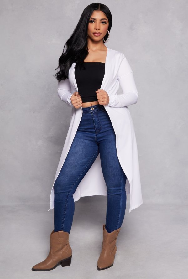 Womens Long Sleeve Open Front Duster, White, Size L